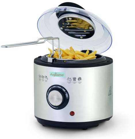 Augosma Mini Fritteuse Mit öl | 850-950W l Kapazität: 1 Liter l Sichtfenster l Frittierkorb aus Edelstahl l Einstellbare Temperatur l Wärmeisoliert l Rutschfeste Gummiauflage l Weiß