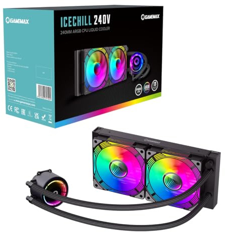 GameMax Ice Chill 240V ARGB CPU Liquid Cooler, 240mm AIO Cooler For Intel & AMD, 2 x 120mm ARGB Infinity Fans, 800 to 2000RPM, 250W TDP, 27.7cm, CPU Cooler, Desktop