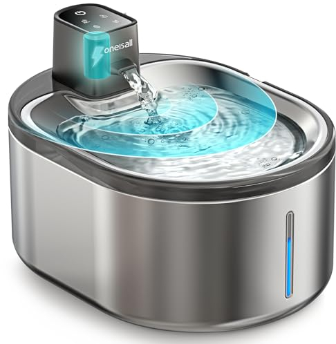 oneisall 4L Trinkbrunnen für Katze Kabellos Edelstahl, Katzenbrunnen Kabellos mit Bewegungsmelder, 60 Tage Betriebszeit pro Ladung, super Leise Pumpe, Filter, Wasserbrunnen für Katzen, Kleiner Hund