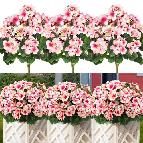Betylifoy konstgjorda blommor utomhus konstgjorda pelargoner sidenblommor 3 buntar plast konstgjorda blommor utomhus konstgjorda växter UV-resistent för inomhus trädgård vas bord Centerpi (rosa)