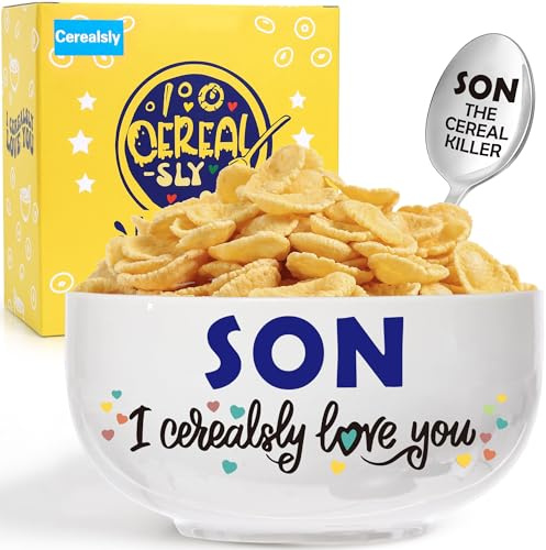 BackURyear Son Birthday Gifts from Mom Dad, Funny Gifts for Son Fathers Day Graduation Wedding, Ceramic Cereal Bowl Presents, I Cerealsly Love You