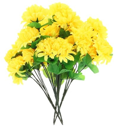 HOLIDYOYO Bouquet 4 Fasci di Fiori Artificiali Gialli di Crisantemo per Decorazione Lapidi, Realistica Apparenza di Tessuto e Plastica, per Tombe
