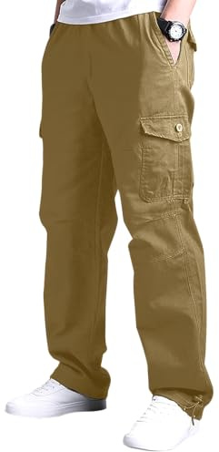 YAOBAOLE - Pantaloni cargo da uomo, con vita elastica, da lavoro, stile casual, con molte tasche, per esterni, stile militare, da caccia, cachi., 3XL