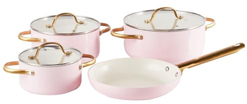Beliani Ensemble de 7 Pièces de Cuisson 3 Casseroles et Poêle à Frire Revêtement Céramique Anti-adhésif Aluminium Rose Pastel Elite Pro