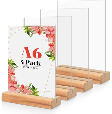 4 Unidades Soporte Cartel A6 de Acrílico, Base de Madera T Forma Expositor Metacrilato Soporte Menú, Porta Carteles Menus Restaurante, Soporte de Sobremesa, Titular de Menú Póster para Hotel, Tienda