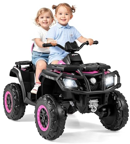 COSTWAY Quad Eléctrico para Niños, Coche Eléctrico para Niños 24V con 2 Plazas, 4 Motores, Arranque Suave y Suspensión de Resorte, Quad Infantil con Luz LED y Música para 3-8 Años (Rosa)