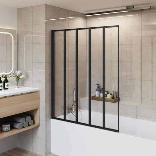 Aquariss 1400 x 1200mm 5 Folding Panel Bath Shower Screen Black | Folding Shower Screen for Bath, Foldable Over Bath Shower Screen Glass Panel, Pivot, Reversible, Easy Clean