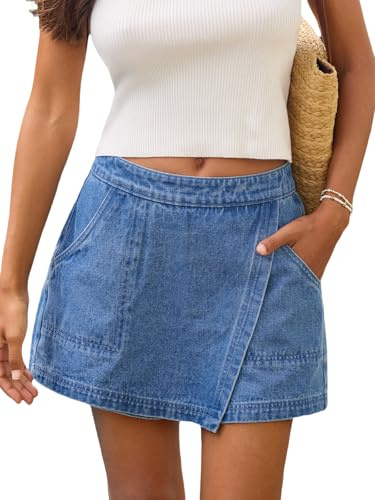 CUPSHE - Pantaloncini da donna in denim, vita alta, avvolgente, linea A, mini, in denim sbiadito vintage, per l'estate, Blu, XL