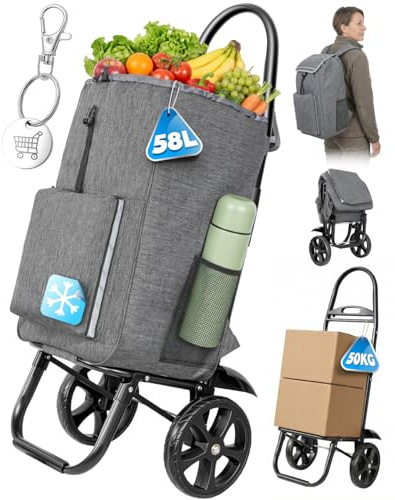 Homecall Einkaufstrolley Klappbar Einkaufswagen mit 55L + 5L kühlfunktion Bis 50KG, Einkaufstasche mit Rollen 3 in 1 Shopping Trolley & Sackkarre & Rucksack (Dunkelgrau)