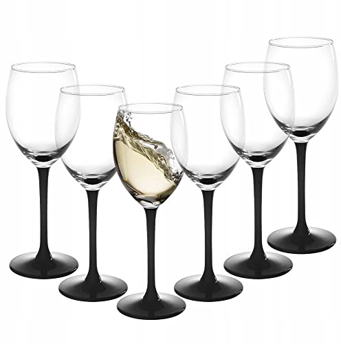Juego de 6 copas de vino blanco de tallo largo negro de 250 ml, transparente