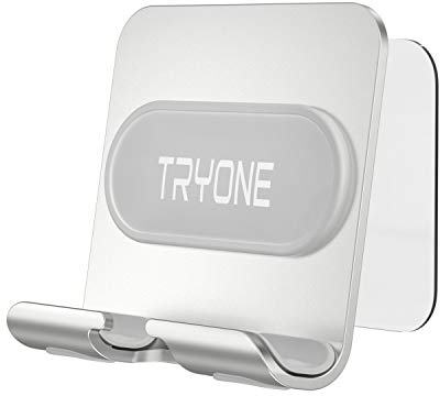TRYONE Wall Mount Phone Holder, Detachable Wall Phone Mount with 2Pcs Adhesive Strip, NO Drilling Wall Phone Holder Stand Dock Bracket for Phone and Tablet, Fits on Bathroom, Kitchen, Office and More