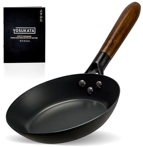 YOSUKATA Carbonstahl Pfanne - Robuste 20-cm-Bratpfanne - Beschichtungsfreie Karbonstahlpfanne - Kohlenstoffstahl-Pfannen mit Abnehmbaren Griff - Hitzebeständigem Holzgriff - Pfanne alle Herdarten