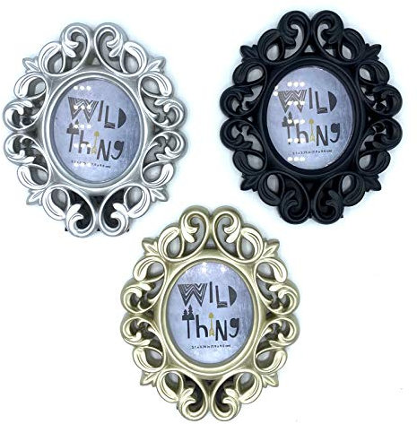 Azi 3 kleine ovale Bilderrahmen im Vintage-Stil, Barock, 16,5 x 14,6 cm, passend für Bilder 8,3 x 7 cm, Gold, Schwarz und Silber, für Wand- und Tisch-Display