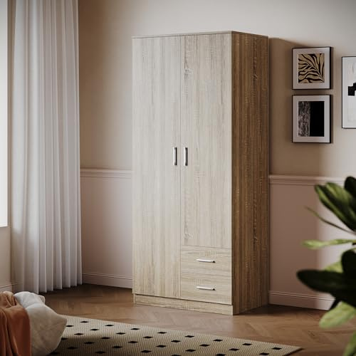 ELEGANT 2 Door Wardrobe with Multi-Storage Units, Oak, 50x77x180cm | Wooden 2 Drawers Wardrobe with Hanging Rail for Home Bedroom Furniture