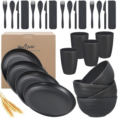 Wheat Straw Dinnerware Sets, Wheat Straw Plates and Bowls Sets for 4 Kitchen Dishes 28pcs College Dorm Room Essentials Cutlery Set Microwave Safe (Black)