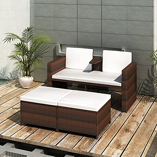 Festnight gartensofa 2 sitzer doppelliege Outdoor 4 Personen Lounge Sofa Balkon Lounge Balkonmöbel Rattan Balkonsofa Balkon Sitzgruppe Rattansofa Terrasse Gartenbank Garten mit Hocker Braun