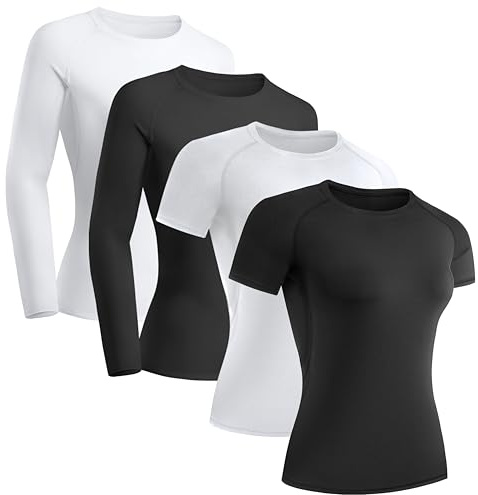 TELALEO 4 Pack Women's Compression Shirt Long/Short Sleeve Performance Workout Baselayer Athletic Top Gym Sports Gear-2Black/2White X-Large