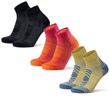 DANISH ENDURANCE Calze Trekking Corte Merino, 3 Paia, Multicolore (1x Giallo/Grigio Selce, 1x Fucsia/Arancione, 1x Nero), 35-38