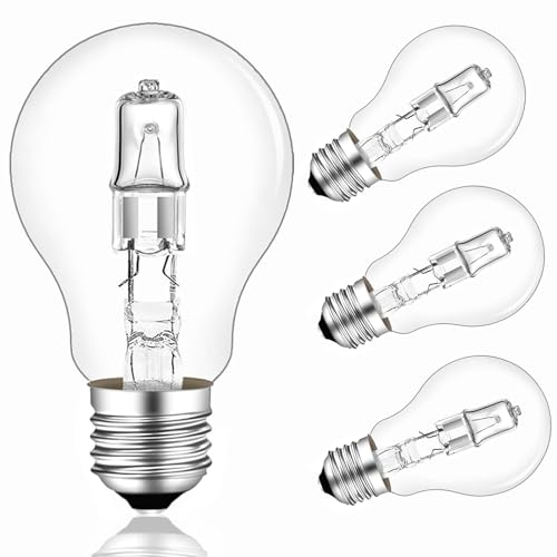 Caldarax 4 Stück E27 42W Halogenlampe Dimmbar, A55 Classic Klar E27 Halogen Glühbirne 42 Watt, Warmweiß 2700K Globe E27 Halogen Leuchtmittel für Deckenlampe, Tischlampe, Stehlampe, AC 220-240V