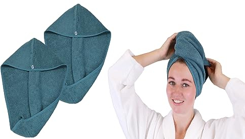 Betz Frottee Turban Berlin – 2er Set Haarturban aus 100% Baumwolle – Turban Handtuch mit Knopfverschluss – Kopfhandtuch für Damen, ideal für Bad & Wellness Farbe taubenblau
