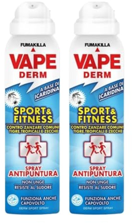Vape Derm Sport E Fitness Spray Antizanzare Antipuntura Contro Zanzare Comuni Zanzare Tigre E Tropicali E Zecche 100 Ml (2 Unità)