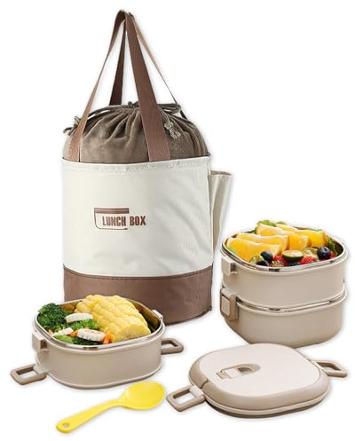 EACHPT 3-Layer Stainless Steel Bento Lunch Box - 2.1L Thermal Portable Stackable Container with Bag, Leak-Proof, BPA-Free, Microwave and Dishwasher Safe, White