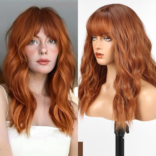 WOKESTAR Long Wig with Fringe Synthetic Wavy Wigs for Women Ginger Color