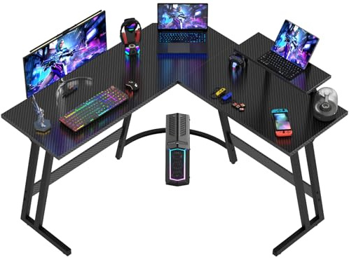 Devoko 120 x 120 cm Scrivania Gaming Angolare, Scrivania Angolare con Supporto per Monitor per Lo Studio, Il Gioco E Il Lavoro, Scrivania Gaming Ergonomica(Carbonio Nero)