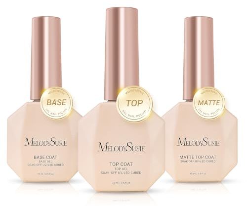 MelodySusie No Wipe Glossy Top Coat Base Coat Matte Top Coat Set Long Lasting Shine Finish Soak Off UV LED Nail Lamp Nail Art Design Manicure Kit Perfect Gifts for Women Girls 3 Pcs 15ml