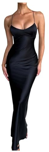 Generisch Backless Spaghetti Strap Dress Satin Sexy Sleeveless Midi Dress with Lacing Waist and Slimming Effect for Women Maxi Dresses Summer African Dresses, black, L