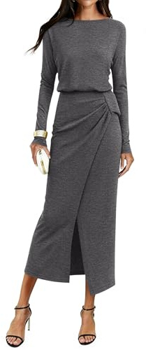 KIRUNDO Long Sleeve Dress for Women 2026 Spring Summer Boat Neck Cocktail Wedding Guest Knit Wrap Ruched Slit Maxi Dresses(Dark Grey, Small)
