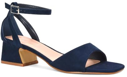 ESSEX GLAM Women's Ankle Strap Block Low Heel Sandals Ladies Cut Out Square Toe Navy Faux Suede Buckle Strappy Party Shoes Size 7