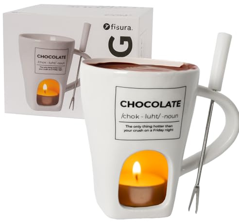Fisura – Tazza fonduta originale per cioccolato. Fonduta di formaggio con tazza e forchettina. Mug bianca per fonduta. Idea regalo originale. Capacità 140 ml.