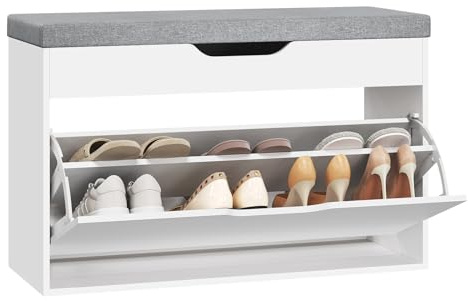 WOLTU Banc à Chaussures, Étagère à Chaussures 3 en 1 avec Siège Rembourré, Compartiment Caché, Tiroir à 2 Niveaux, pour Entrée/Couloir/Chambre/Vestiaire, Capacité de Charge 145 kg, Blanc + Gris