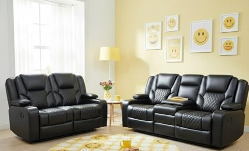 Orlando Black Settee - Premium Aire Leather Sofa - Upholstered Electric Recliner Sofa Set 3+2 - LED Lights & Wireless Charging Sofas - 3 Seater & Cup Holders for Modern Home (3 + 2 Seater Recliner)