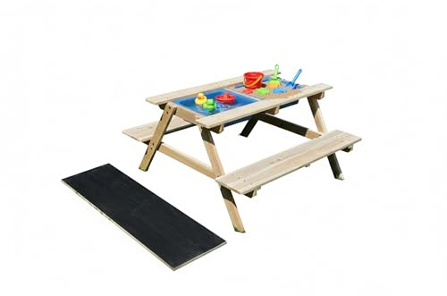 Relaxdays Barnbänk 3-i-1 trä: Spelbord, kök, picknick, skiffer, HxBxD 48,5×89×85 cm, naturlig