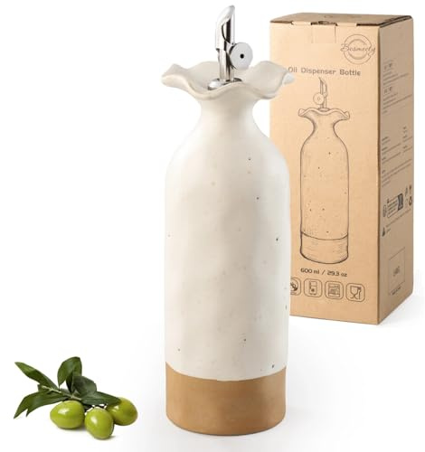 Besmeety 20 oz Olive Oil Dispenser Bottle with Gravity Spout, Ceramic Oil Bottles for Kitchen, Soy Sauce Dispenser, Leakproof, Opaque Cruet Protects to Reduce Oxidation (White)