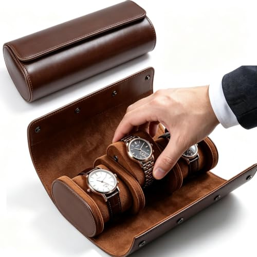 ronoai 3 Slot Watch Roll Case, Retro PU Leather Watch Travel Organizer with Detachable Velvet Pillows, Portable Watch Display Storage Box for Men (Brown)