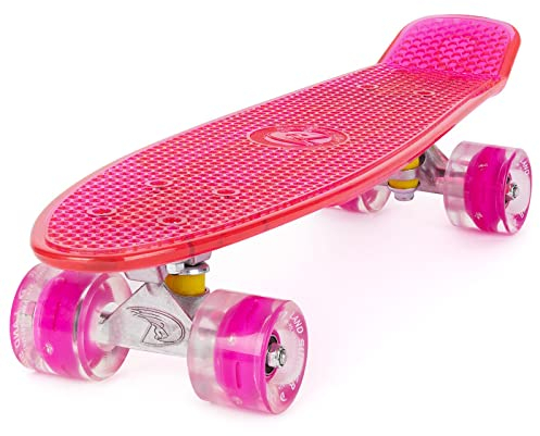 Land Surfer® Retro Cruiser, komplettes Skateboard mit durchsichtigem 56-cm-Deck – ABEC-7-Kugellager – PU-LED-Räder (59 mm), die bei Bewegung aufleuchten + Tragetasche - Klares Deck ROSA/ROSA LED