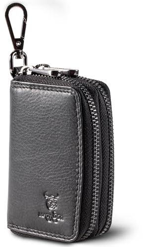MATADOR Sac pour Clef Etui à Clé en Cuir Véritable | Porte Clés avec Double Femeture Éclair en Métal et Mousqueton | Mini Pochette Rangement Protection Organiseur Clef avec Boîte Cadeau Nappa Noir