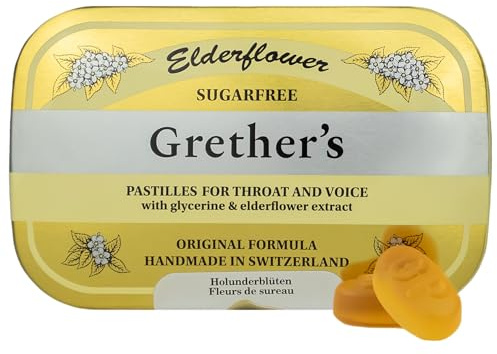 GRETHER'S Sugarfree Elderflower Pastilles – Premium Swiss Throat Lozenges for Dry Mouth & Throat Comfort – Intense Fruit Flavor – Gluten & Lactose Free – Gift for Singers – 3.75 oz