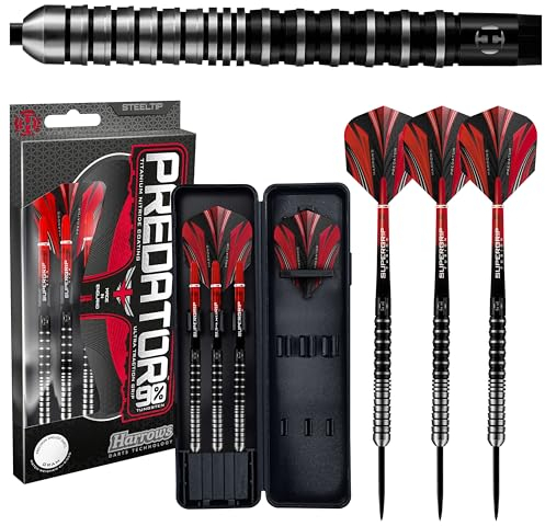 Harrows Predator 90% Wolfram-Dartpfeile in Schwarz und Silber | Darts-Set mit Stahlspitze | 21g, 22g, 23g, 24g, 25g & 26g | Enthält Supergrip Fusion Shafts und 100 Micron Predator Flights (22g)
