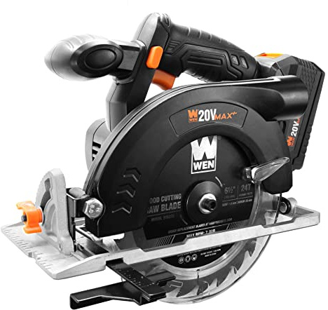 WEN Cordless Circular Saw, 6.5-Inch Blade with 20V Max 4.0 Ah Lithium-Ion Battery and Charger (20625)