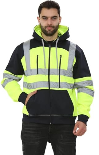 janisramone® Herr Hi Vis reflekterande synlighet huvtröja kontrast lapp fleece sweatshirt arbete huvtröja jacka, herr fleecejackor full dragkedja, Hi Viz arbetshuvtröjor för män, pullover arbetströja