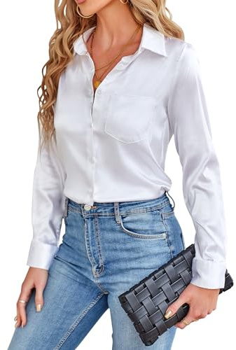VIDUSSA Camicia da donna con bottoni in raso di seta a maniche lunghe camicetta casual da lavoro in ufficio con scollo a V, bianco, M