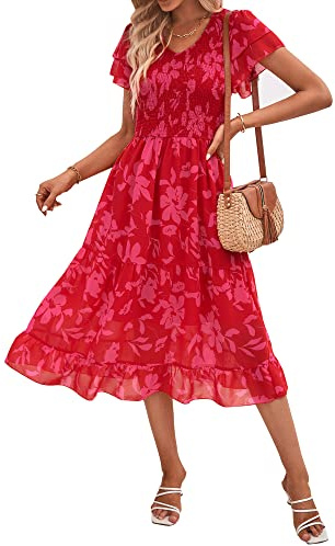 BTFBM Abiti da Donna Casual Estivi Corti con Volant a Maniche a Strati Smock Abiti Midi Bohémien Floreale Scollo a V Abiti Lunghi per Ospiti di Nozze, Rosso Floreale., M