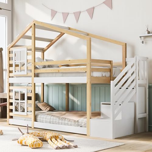 Kinderbett Baumhaus 90×200 cm EN747-1 (Natur/Weiß, Fensterdesign & Stauraum)，Sicheres Etagenbett mit Rausfallschutz & 2x Lattenrost – Platzsparendes Spielbett für kreatives Schlafzimmer，Ohne Matratze