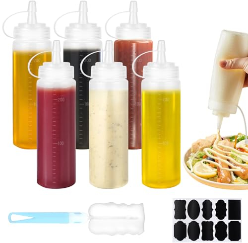 CoKeeSun 6 Pcs Bouteille Sauce 250ml, Bouteille à Condiments, Recipient Sauce, Presser Les Bouteilles, Transparent Flacon Souple en Plastique avec Brosse de Nettoyage pour Ketchup Huile Vinaigrette