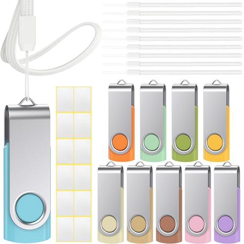 Memoria USB 2GB Pendrives 10 Piezas Uflatek USB 2.0 Giratoria Memoria Flash Morandi Multicolores 2 GB Pen Drive Portátil Pendrive Almacenamiento de Datos con Cordón y Pegatina en Blanco