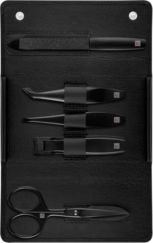 ZWILLING Maniküre-Set (5 teilig, Reiseset für Gesichts- und Barthaare, mit Nagelknipser und Bartschere), Premium, Black Edition